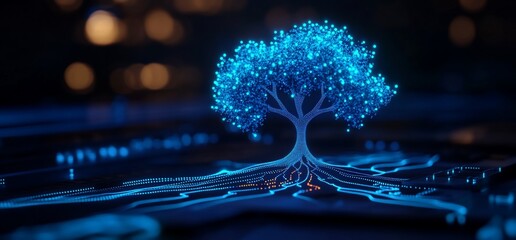 Glowing digital tree on circuit board, network growth, tech background, future concept