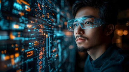 Asian man in futuristic glasses examining large screen interface