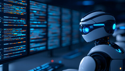 Futuristic robot monitors code on multiple screens