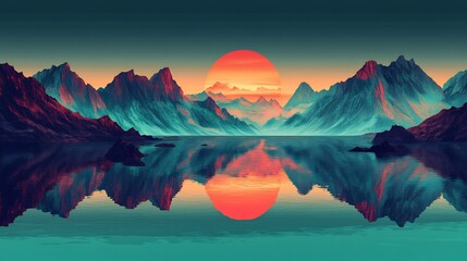 Wall Mural - Serene mountain lake reflects vibrant sunset hues. AI Generated