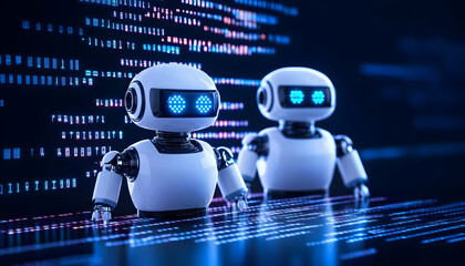 Robots in front of digital code