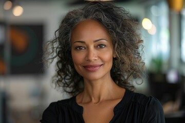 Wall Mural - Portrait of a smiling middle-aged woman with curly graying hair wearing a black top.