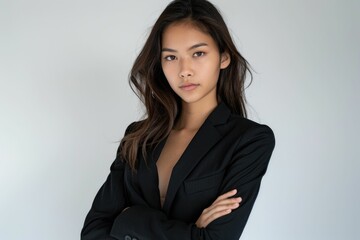 Wall Mural - A young woman with long brown hair, wearing a black blazer, stands with her arms crossed against a white background.