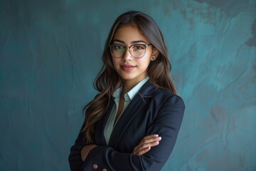 Wall Mural - Confident young businesswoman with glasses and arms crossed, posing against a teal background.