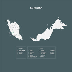  Malaysia Map with 13 States and 3 Federal Territories - Kuala Lumpur