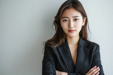 Wall Mural - Confident young Asian businesswoman in a black blazer, arms crossed, posing against a light grey background.