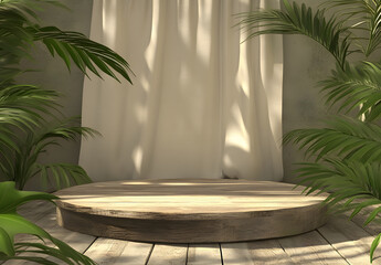 3D rendering of an empty wood podium with a beige background and tropical leaves for product display presentation mock-up design. Abstract minimal concept studio scene, stock photo with 2/3 