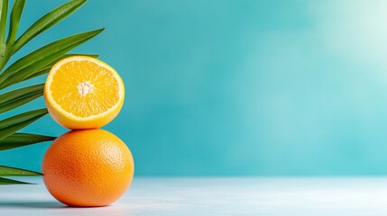 Wall Mural -  two oranges with leaves on a blue background One of the oranges is cut in half, revealing its juicy, orange flesh The leaves are a vibrant green, providing a star