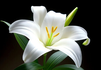 Wall Mural - A close-up of an Easter lily flower, its petals white with delicate yellow stamens and green leaves, symbolizing hope and renewal in the Christian holiday. The background is dark to highlight 