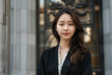 Wall Mural - A young Asian woman with long brown hair, wearing a black blazer, stands confidently outdoors.