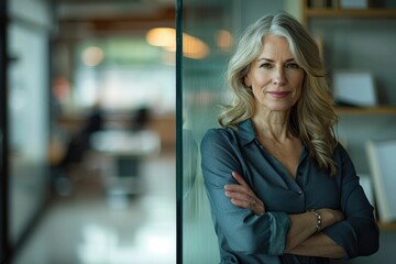 Wall Mural - Confident mature businesswoman with arms crossed, standing in modern office.