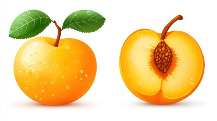 Wall Mural - Realistic Illustration of Ripe Peach and Sliced Peach Half with Leaf Isolated on White Background