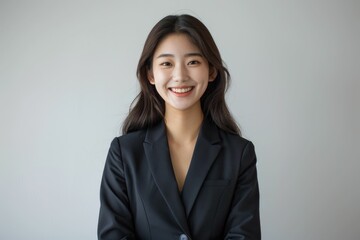 Wall Mural - A young Asian woman in a black blazer smiles brightly against a light gray background.