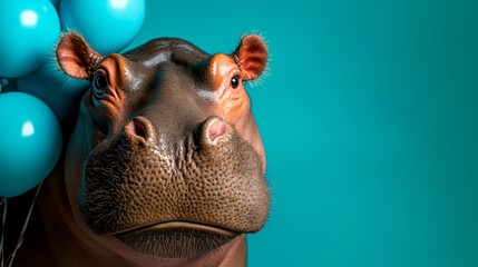 Wall Mural -  a hippopotamus with a bunch of blue balloons in its mouth, set against a blue background