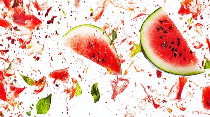 Wall Mural - Fresh Watermelon Slices with Seeds Surrounded by Colorful Fruit Pulp on a White Background