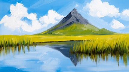 Wall Mural -  a painting of a mountain with a lake in the foreground, surrounded by lush green grass and a sky filled with white, fluffy clouds