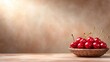 © Wall - a basket of cherries sitting on top of a wooden table The cherries are a deep red color and look ripe and juicy The basket is woven with a light brown color and h