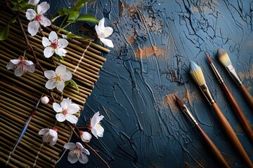 Wall Mural - Delicate white blossoms on bamboo with artist's paintbrushes on a textured blue surface.