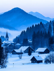 Wall Mural - Village homes near forested mountains in winter scenery for travel promotion use