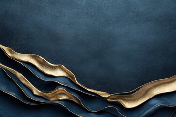 Wall Mural - Elegant gold waves cascade across a deep blue velvet background, evoking a calming Nordic seascape. Ethereal lighting enhances this ultra-luxury aesthetic with minimalist appeal