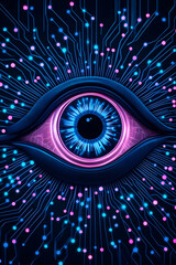 Wall Mural - blue eye with circuitry background symbolizing surveillance, future, technology
