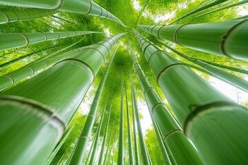 Wall Mural - Looking up at tall, vibrant green bamboo stalks reaching towards a bright sky.