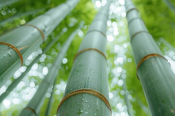 Wall Mural - Close-up view of dew-covered bamboo stalks in a lush green forest, sunlight filtering through.