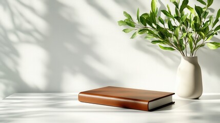 A leather-bound book and a vibrant green plant are artfully displayed on a white surface, basking in the play of light and shadow to depict elegance and focus.