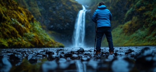 Canvas Print - Photographer capturing waterfall, mossy canyon background. Travel stock photo