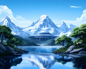 Wall Mural - Serene lake reflects futuristic architecture amidst snowy mountains on a sunny day