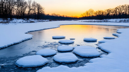 Wall Mural - Sunset reflects on icy river. Snow patches on banks and ice floes on water