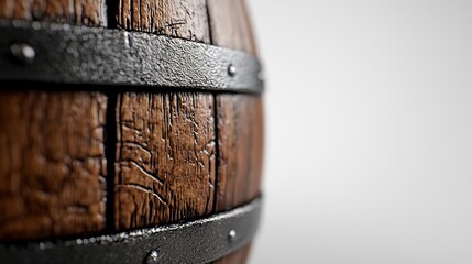  a close up of a wooden barrel on a white background The barrel is made of wood and has a distinct grain pattern It has a cylindrical shape with a flat top and a f