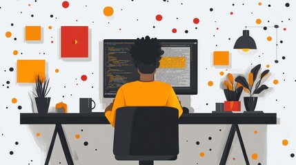 Programmer coding at desk, colorful office, design background