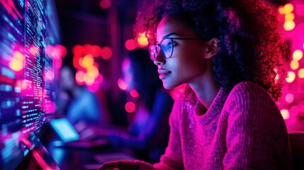 Futuristic woman programmer. Female coder in modern work with technology. Neon screen and innovative focus. Digital night scene. Suitable for cyber and urban projects.