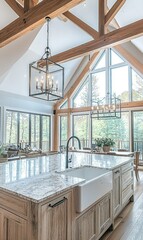 Wall Mural - Modern kitchen with island, wood beams, large windows, forest view, ideal for interior design