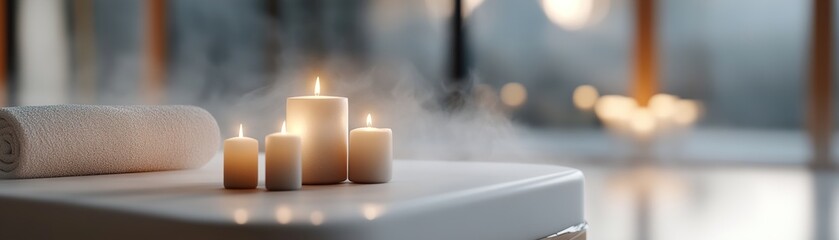 Canvas Print - Soft golden light fills a luxurious spa room, where floating candles illuminate the space. Mist gently surrounds a plush massage bed, creating a tranquil atmosphere perfect for relaxation