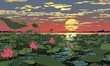 © Resni AI - Pink lotuses bloom on a lake at sunset