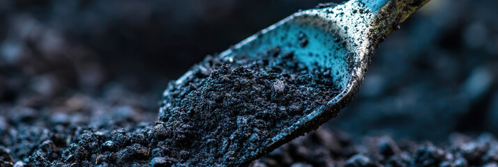 Poster - Close-up of Dark Soil in a Teal Scoop