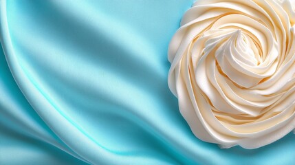  a white rose on a blue satin background, creating a beautiful contrast between the two colors The rose is the focal point of the image, with its delicate petals an