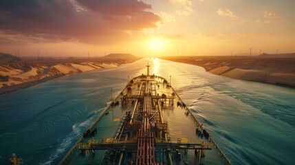 Aufkleber - A large cargo ship moves steadily through the canal during sunset, casting reflections on the water's surface, surrounded by a scenic landscape and distant wind turbines.