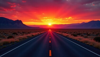 Wall Mural - Crimson sunset blazes across Utah's empty highway , fiery, golden, color