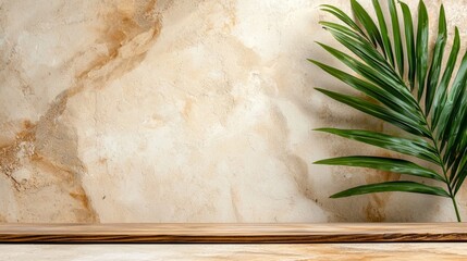 Wall Mural -  a wooden table with a green palm leaf on top of it, set against a wall in the background