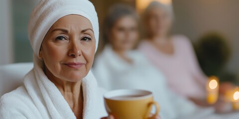 Sticker - A woman in a white robe is holding a cup of tea. She is smiling and she is enjoying her time