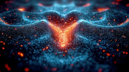 Wall Mural - abstract glowing particle waves: digital art, technology background, blue and orange gradient, high 