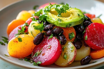 Wall Mural - Colorful avocado and black bean salad with heirloom tomatoes and radishes.