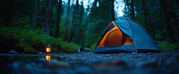 Canvas Print - Night camping tent forest river nature