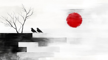 Wall Mural -  two black birds perched atop a tree with a red sun in the background The painting has a white and black color palette, with the red sun standing out against the wh