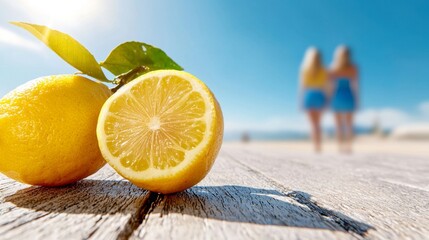 Wall Mural -  two lemons sitting on top of a wooden table on the beach, with two people standing in the background The background is slightly blurred, giving the image a dreamy