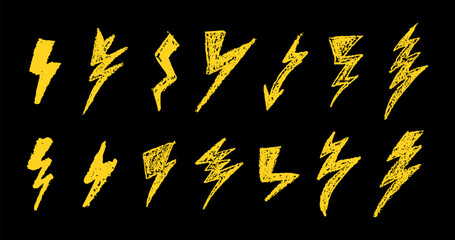 Wall Mural - set of lightning by wax pencil drawing. collection of handdrawing chalk , light flash signs, doodle 