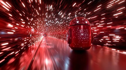Wall Mural - red android robot in a speed tunnel: a futuristic vision of digital technology and innovation